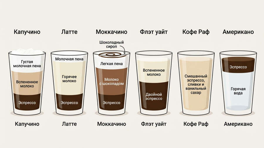 Чем отличается капучино от: латте, мокачино, флэт уайт, раф